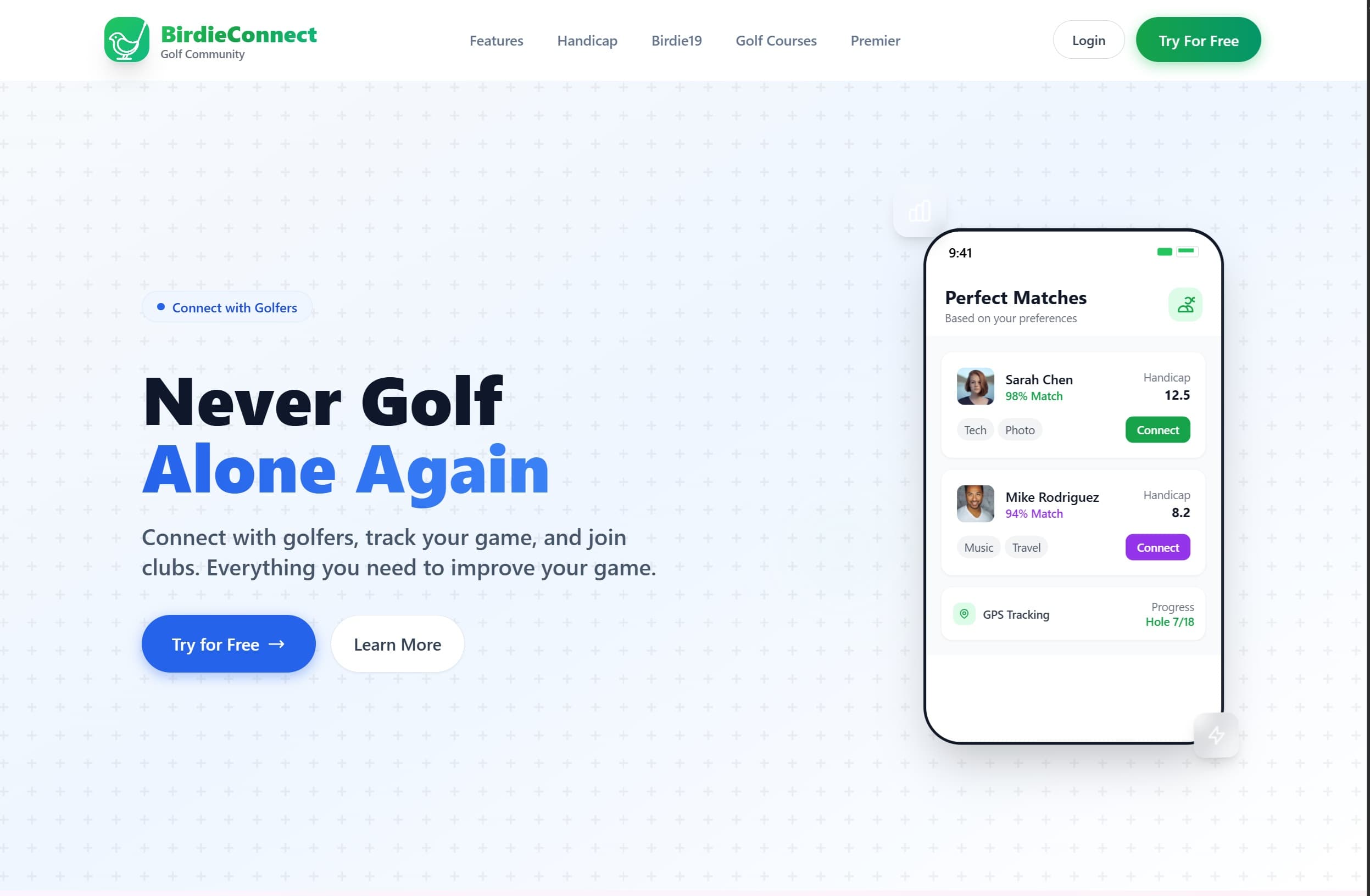 BirdieConnect homepage screenshot